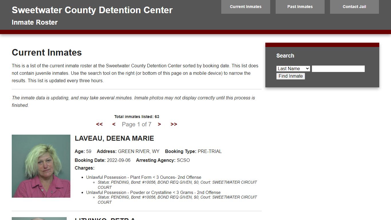 Jail Roster - Sweetwater Combined Communications Joint Powers Board